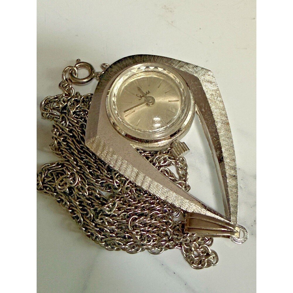 Vintage Sheffield Swiss Pendant Watch Silver Tone Teardrop Necklace 1960s MCM